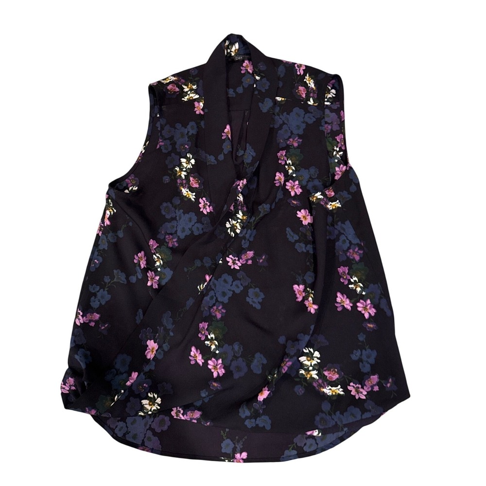 Dex Women L Floral Wrap Front Sleeveless Blouse Navy Pink Career Wear Floral Top